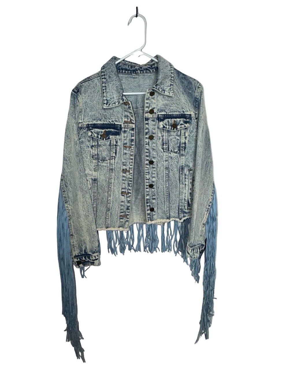 Y2K Vintage Light Wash Denim Fringe Jacket Western Boho Cropped Blue Jean Jacket